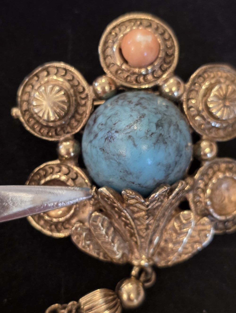 Vtg Art Deco Victorian Faux Turquoise Coral Chain Gold-Tone Tassel Brooch READ - Picture 9 of 14